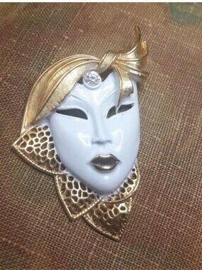Goldtone And Enamel Mask Brooch